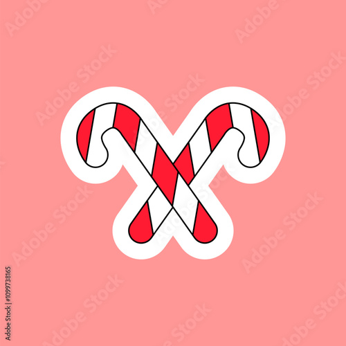 Crossed striped Christmas candy canes with curled ends. New Year velcro for decorating gift or card in style of 2000. Cartoon Y2K retro sticker on pink background