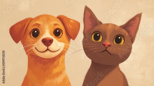 Cheerful Dog and Cat Illustration with Bright Eyes and Friendly Expressions, Perfect for Pet-Themed Projects, Children's Books, and Animal Lover Designs photo