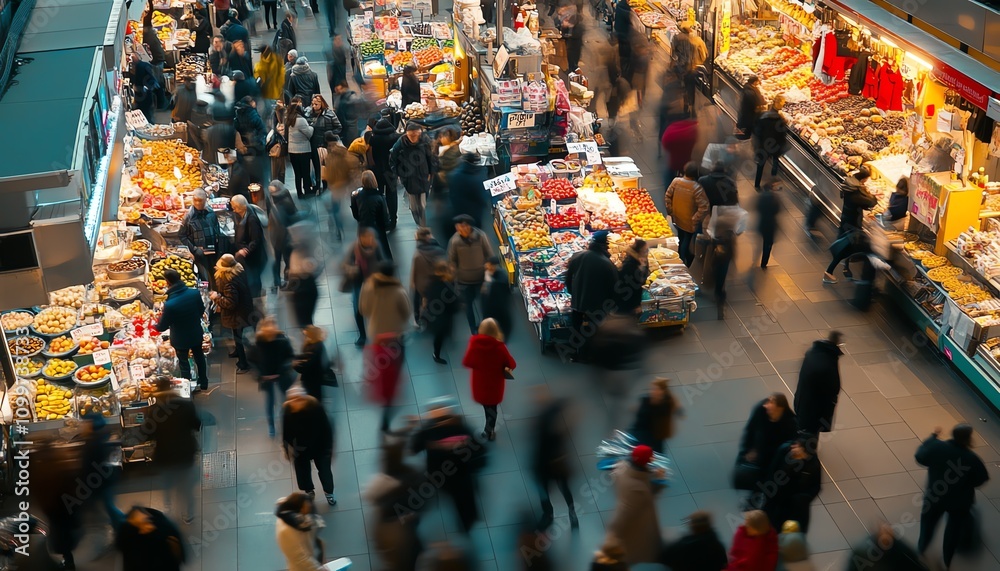 custom made wallpaper toronto digitalBusy indoor market scene with shoppers browsing various food stalls. Overhead view showcasing a bustling atmosphere and diverse products.