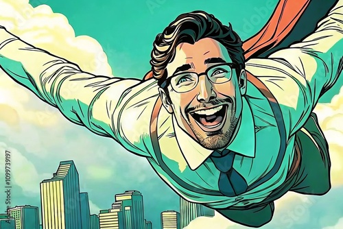 Superhero man flying over a city with joy, bright colors and a cheerful expression on a sunny day photo