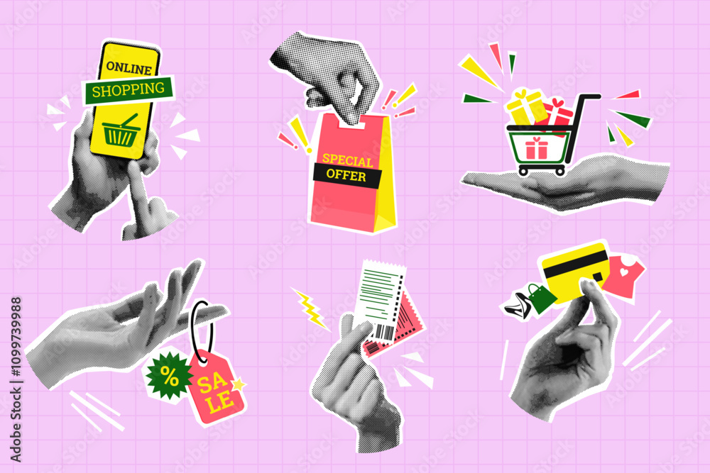 Halftone shopping. Online shop sale vintage social media collage, discount offer retail economy hands with cart basket buy receipt phone, abstract pop art exact vector illustration