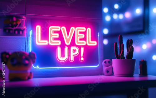 3D Neon 'LEVEL UP!' with Black Background