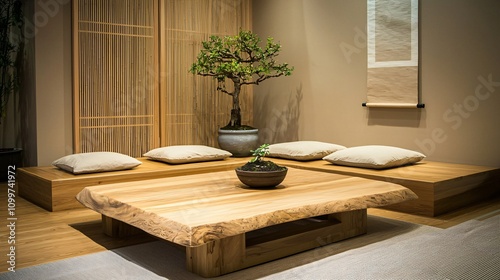 Traditional Japanese Zen décor with shoji screens, ikebana, and a relaxing minimalist layout.
 photo