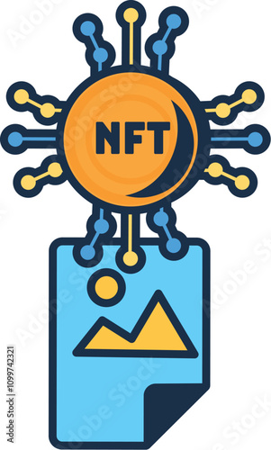 Multi colored NFT photo file. Assigning unique code to image file. Creating secure digital rights to picture ownership. Futuristic cartoon outline vector isolated on white background