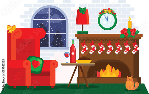 Illustration of New Year home interior with Christmas Fireplace decorated with socks and toys, a festive New Year table, cozy home armchair, bows and snow outside window