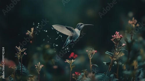 A tiny hummingbird hovers mid-air near a vibrant flower in the Amazon rainforest, its rapid wingbeats a blur of motion and energy. photo