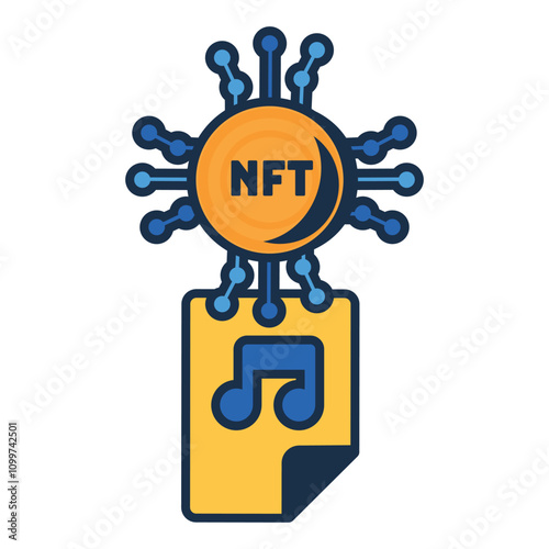 Multi colored NFT music file. Assigning unique code to media file. Creating secure digital rights to ownership. Futuristic cartoon outline vector isolated on white background