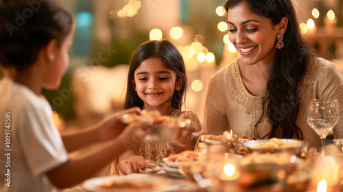 Indian family having a luxury dinner at home during festive diwali, mother serving the food, sitting around a table with rich Indian food and drinks photo