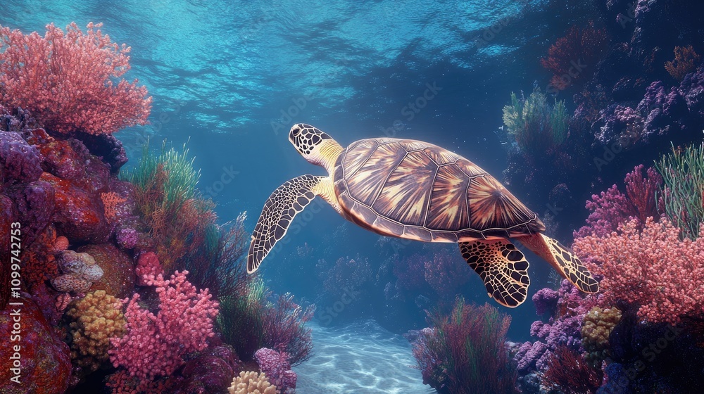 Obraz premium Sea turtle gracefully swimming amidst vibrant coral reefs in a serene and clear ocean scene with diverse marine life surrounding it.