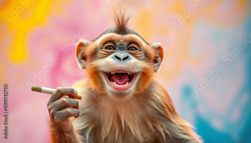 illustration of a smiling monkey smoking a joint of weed to relax or get high