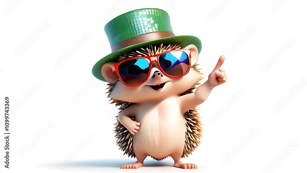 Fototapeta premium cute character stylish hedgehog in hat and sunglasses points with finger on white background. Generative AI illustration 