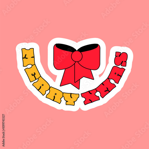 Festive red bow with inscription Merry Christmas. New Year velcro for decorating gift or card in style of 2000. Cartoon Y2K retro sticker on pink background