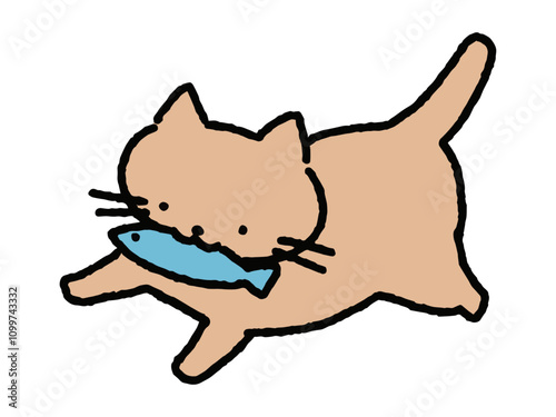 お魚くわえたどら猫のゆるい手描きイラスト（ベクター）