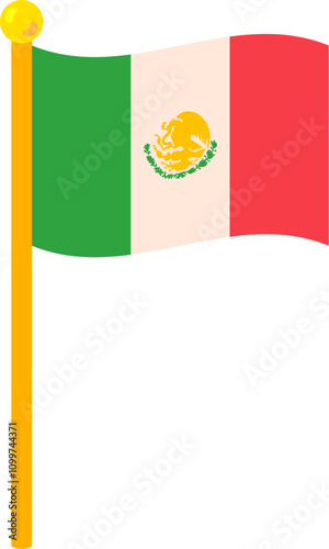 Mexican flag waving on flagpole. Element of Hispanic holiday Cinco De Mayo. Mexican holiday icon. Simple cartoon vector element isolated on white background