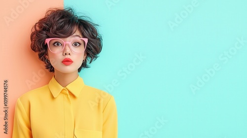 Ethnic diversity Brightly dressed woman with curly hair and glasses against colorful backgrounds.