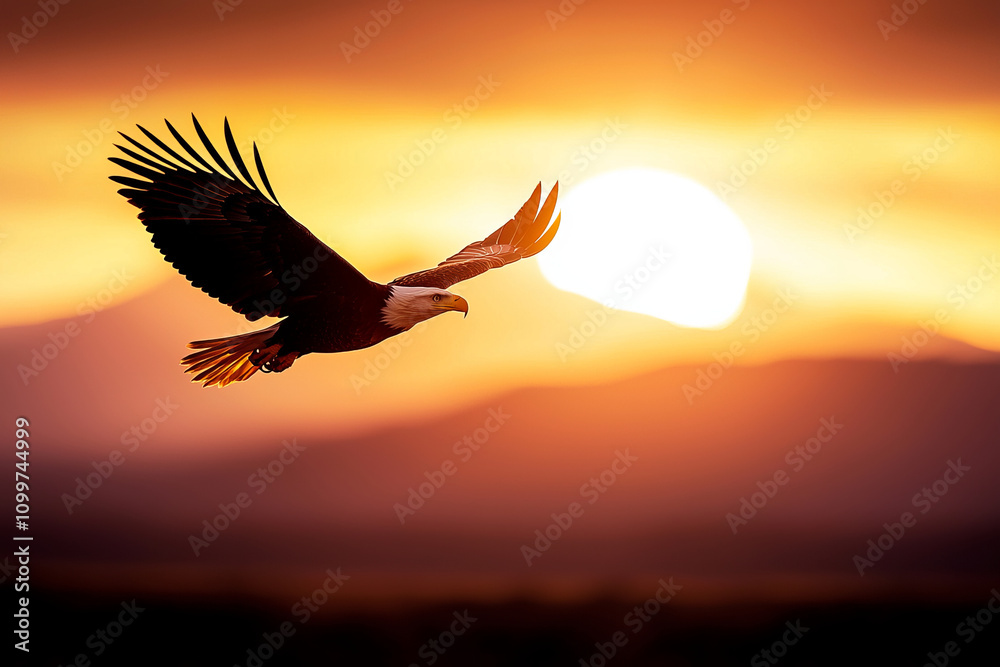 Fototapeta premium Majestic eagle soaring over vast canyon at sunset, showcasing freedom