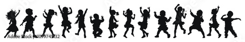 Children silhouettes in playful and dancing poses vector illustration set. energetic kids in various joyful movements and actions.