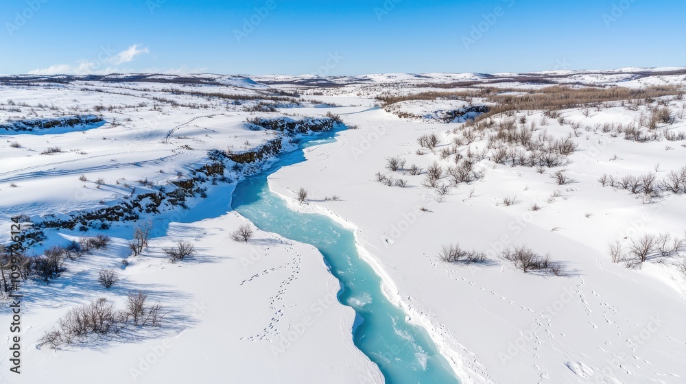 Obraz premium A vast snowy landscape with a winding river and sparse vegetation under a clear blue sky.