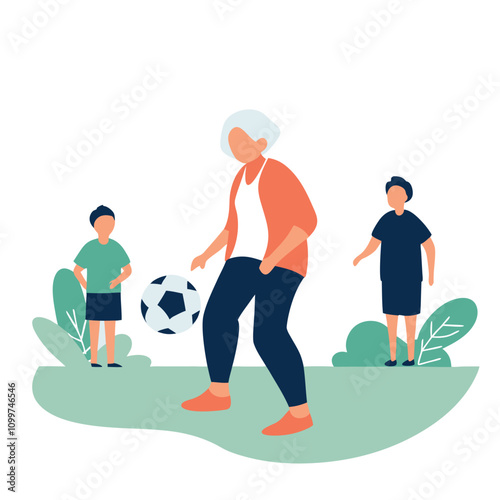 Grandmother and grandchildren playing soccer. Flat vector illustration. Grandmother and grandchildren playing football.