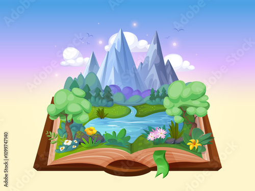 Forest in open book. Cartoon magic books with nature landscape scene, fairy tale fantasy dream children storybook read imagination adventure journey, swanky vector illustration