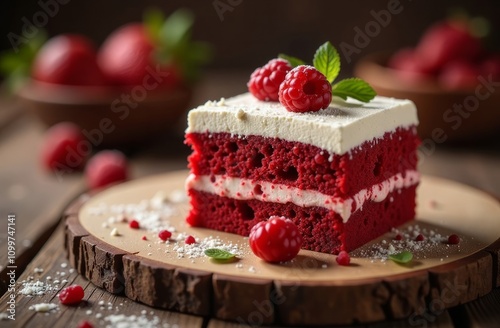 Wallpaper Mural Piece of red velvet cake with cream decorated with raspberry on a wooden board on wooden table. Copy space. Concept: dessert, sweet food, classic American dessert, culinary blog, social media Torontodigital.ca
