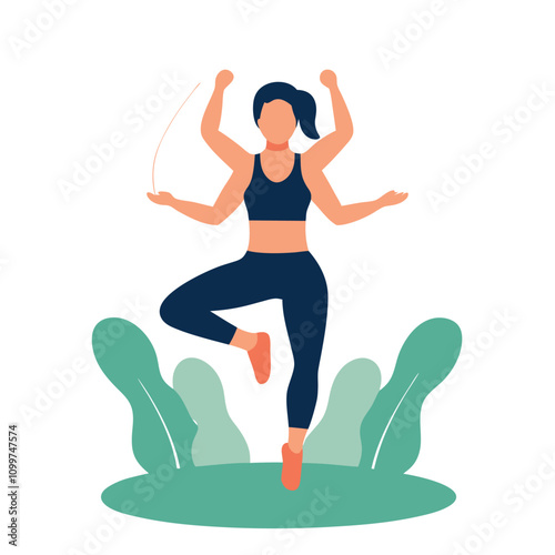 Young woman doing yoga exercise in the park. Flat vector illustration.