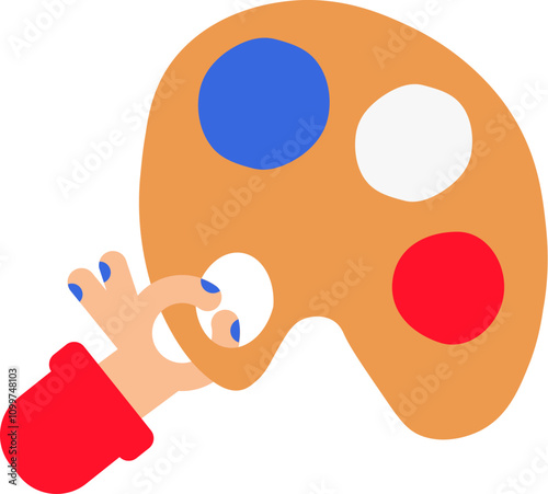 Artist holds wooden board palette with paints in his hands. Painting traditions. Image for design of countries cultural traditions. Simple flat vector isolated on white background
