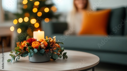 Cozy living room decorated for Friendsgiving, table set with autumnal flowers, candles, and warm colors, delicious dishes arranged, inviting and festive atmosphere 
