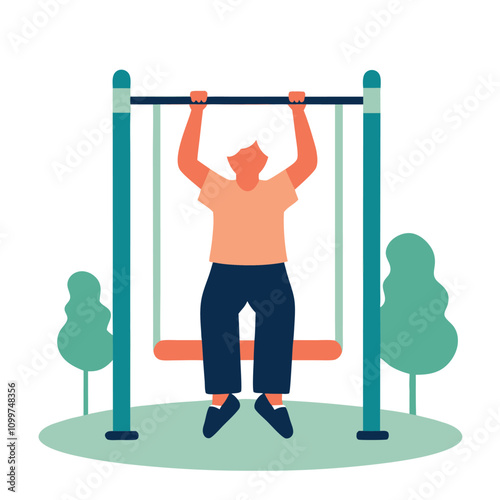 Man doing pull-ups on horizontal bar. Flat vector illustration.