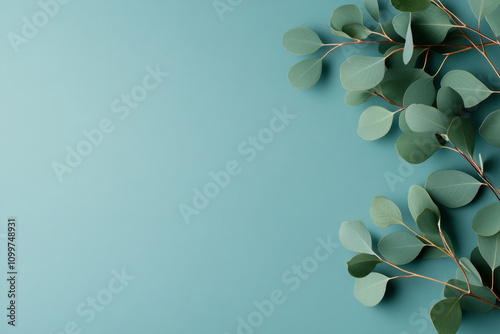 Eucalyptus branch with round leaves placed on a soft mint pastel background