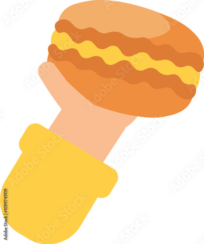 Tourist hand holds juicy hamburger with beef patty and cheese. Tasting food from local cafes. Image for design of countries cultural traditions. Simple flat vector isolated on white background
