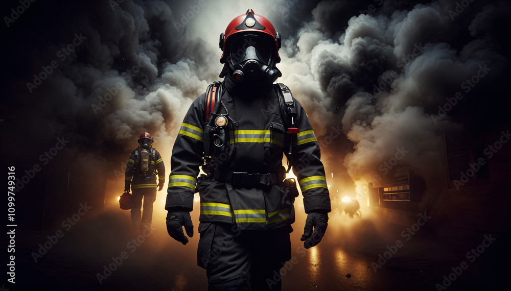 Obraz premium Firefighter with helmet and uniform looking away on black background with smoke