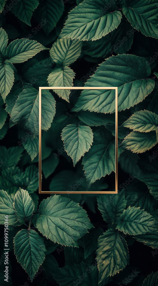 Fototapeta premium Dark green leaves arranged with a gold square frame.Minimal creative nature advertise concept.Copy space,flat lay