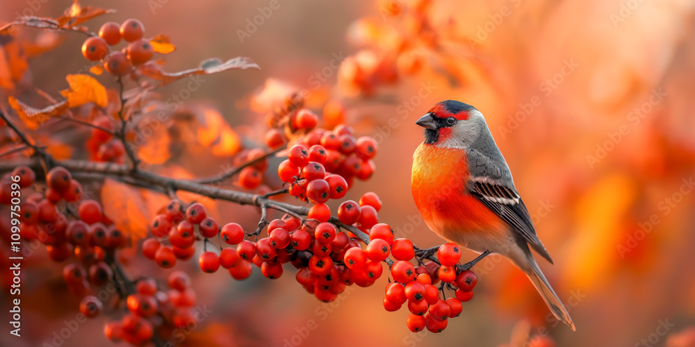 Fototapeta premium Bullfinch perched on vibrant red berries in autumn forest scene