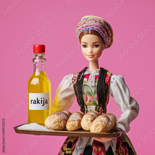 A medium-format shot of a doll styled in traditional Serbian folk attire, holding a tray with Serbian bread and salt, with a bottle of rakija labeled with a tag beside it. photo