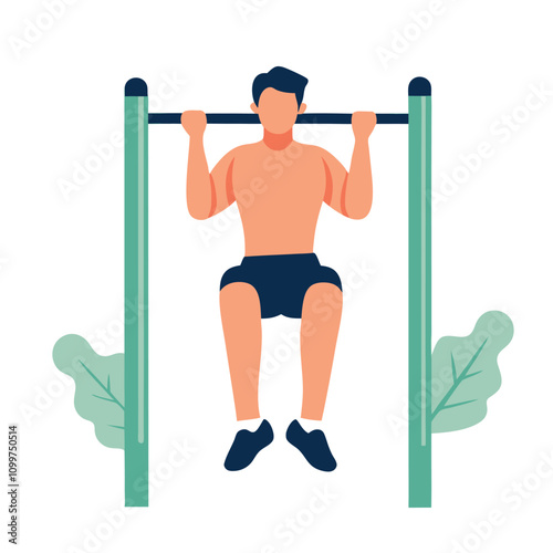 Man doing pull-ups on horizontal bar. Flat vector illustration.