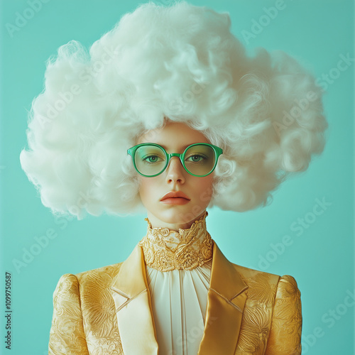 Surreal fashion photography of a person with a white, fluffy cloud-like head and green sunglasses, wearing a gold suit in soft pastel colors.Minimal creative fashion concept.Copy space.