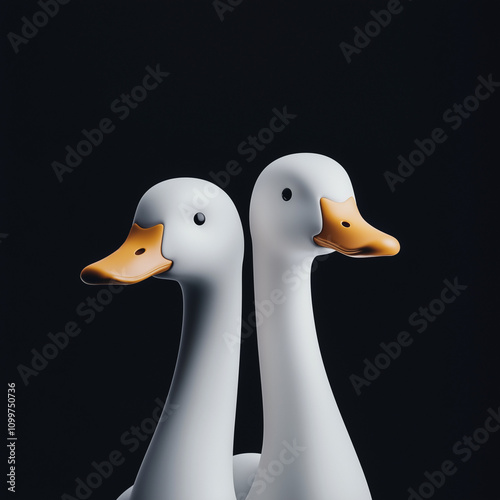 An AirPods Pro ad featuring AirPods as duck beaks with tilted heads, showcasing a minimalist design and professional product photography.Creative technological advertise concept.copy space,flat lay  photo