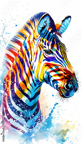 Colorful striped zebra with vibrant watercolor effects in a creative artwork