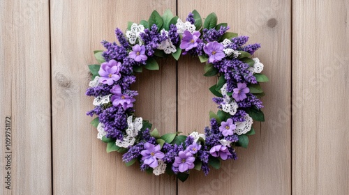 Elegant Easter wreath with dried lavender, pastel flowers, and lace ribbons, vintage-inspired and delicate, hung on a rustic wooden door 