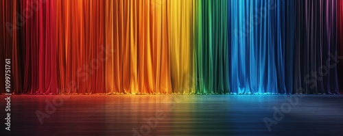 Rainbow colored stage curtains in vibrant spectrum display. Pride themed theatrical backdrop with dramatic lighting effects. Modern performance venue decor spans full color range. 8k banner photo
