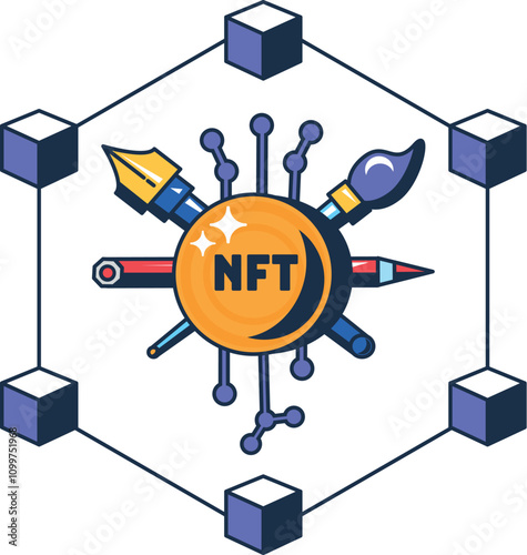 Multi colored assignment of NFT token to work of art. Registration of work of art on blockchain network. NFT trading exchange. Futuristic cartoon outline vector isolated on white background