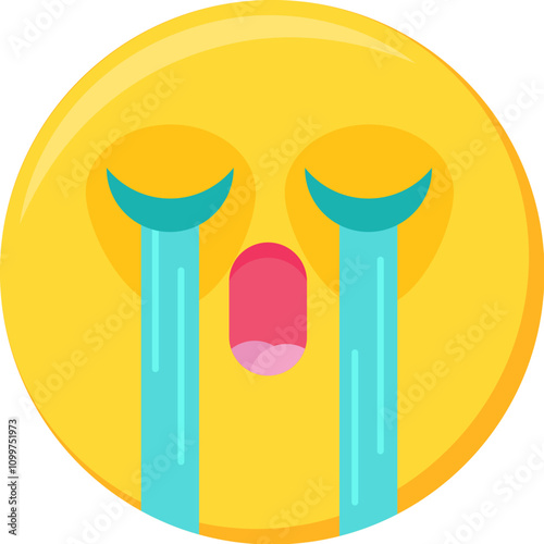 Sad, sobbing emoji facial expression. Tearful, crying, depressed emoticon icon. Colorful vector smiley. Cute sticker, social media gloomy mood character, emotion and feeling chat element