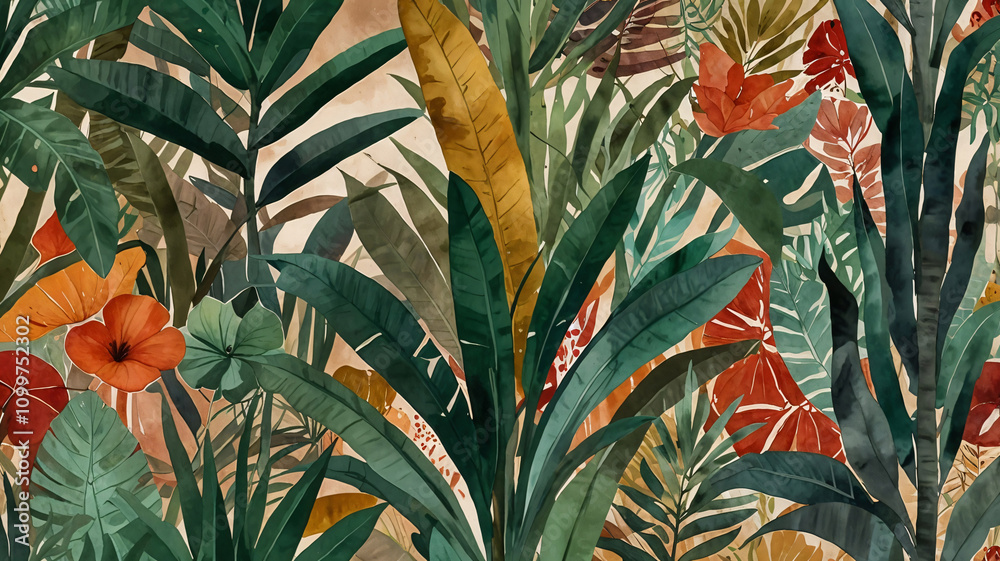 Obraz premium Vintage Tropical Garden Illustration Featuring Lush Greenery and Wild Plants Vintage Wallpaper