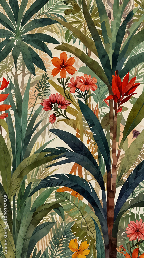 Obraz premium Botanical Art of Tropical Leaves in Retro and Vintage Botanical Styles Vintage Wallpaper