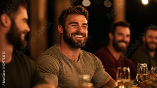 Friends gathered around a long rustic table, laughing and clinking glasses, surrounded by traditional Thanksgiving dishes, cozy Friendsgiving celebration 