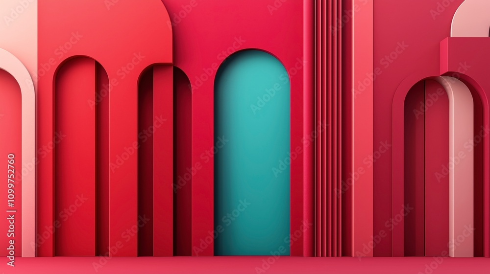 Obraz premium Abstract geometric composition with red and teal arches and vertical lines creating a modern, minimalist architectural scene.