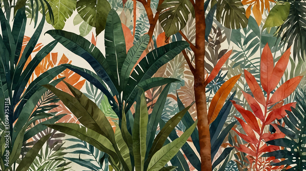 Obraz premium Lush Tropical Foliage and Botanical Art in Retro Vintage Design Vintage Wallpaper