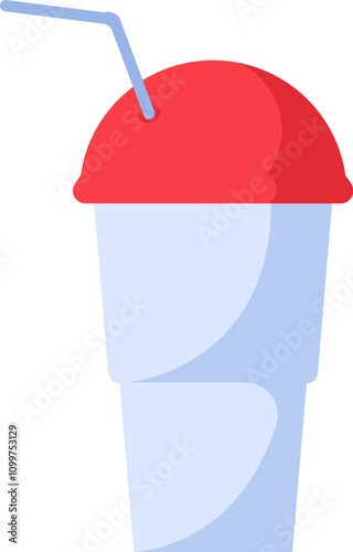 Vector plastic cup with a cover and a tube for cocktails, coffee, tea, juice, and other beverages in a bright flat style. Tableware for picnics, trips, outdoor activities, banquettes, public