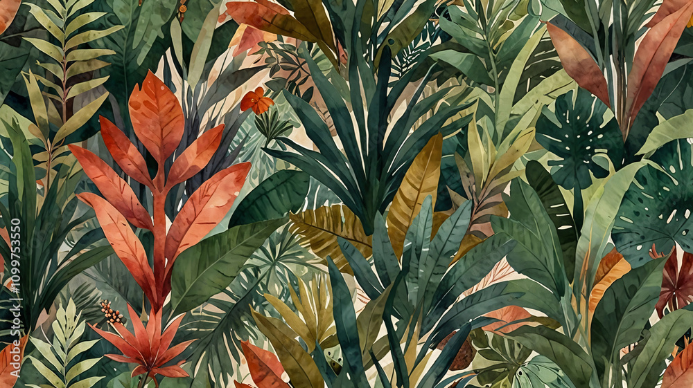 Obraz premium Retro Vintage Botanical Artwork with Tropical Leaf and Floral Elements Vintage Wallpaper